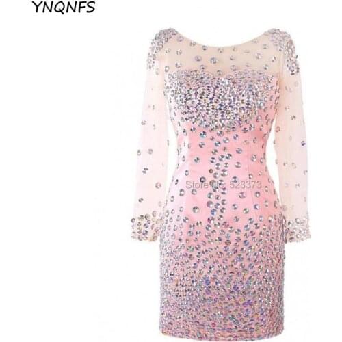 YNQNFS CD54 Real Pictures Sheer Long Sleeves Sexy Evening Backless Party Dress Crystal Dress 2019