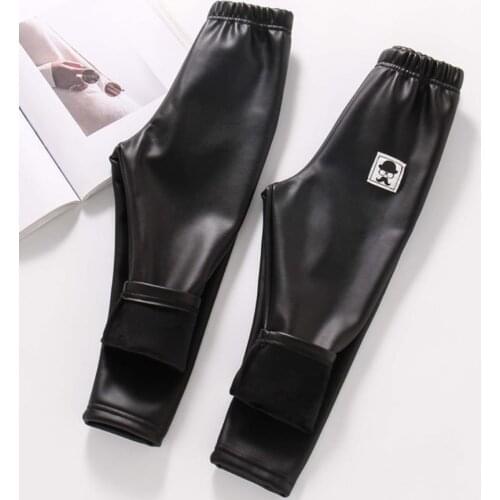 Winter Baby Girls Warm Leggings PU Leather Slim Pant Velvet Pencil Pants Children Trousers