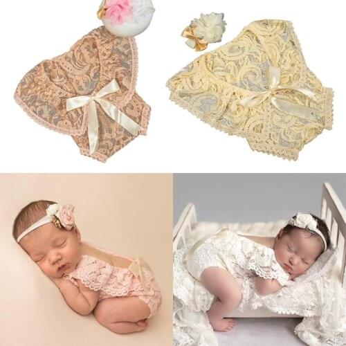 2 Pcs/Set 0-1Month Newborn Photography Props Baby Headband Lace Romper Bodysuits