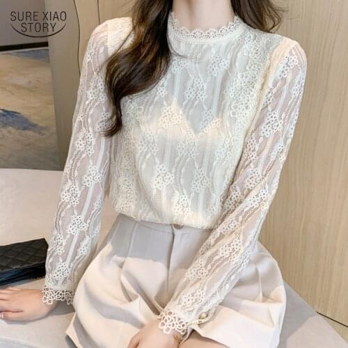 2021 White Lace Shirt Long Sleeve Puff Sleeve Womens Blouse Lapel Chiffon Blouse Spring Shirts Slim Fit Elegant Shirt 13562
