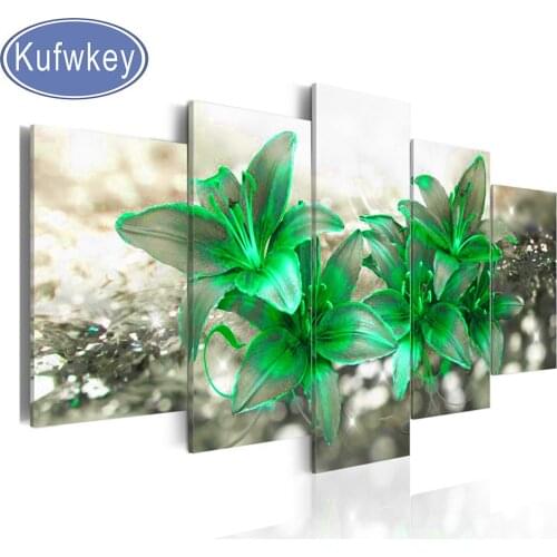 Full Square Round diamond embroidery 5 Pcs Flower 5d Diy diamond painting cross stitch Green Lily Crystal Diamond mosaic Set