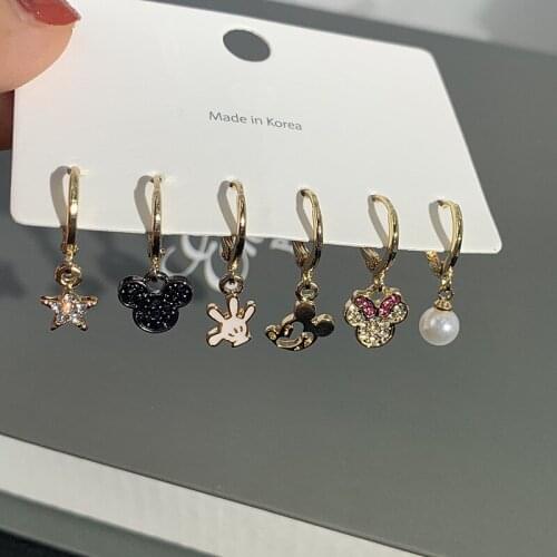 6Pcs/set Cute Cartoon Animals Earrings Bowknot Pearl Star Pendant Hoop Earrings For Women 2021 Girls Birthday Party Jewelry