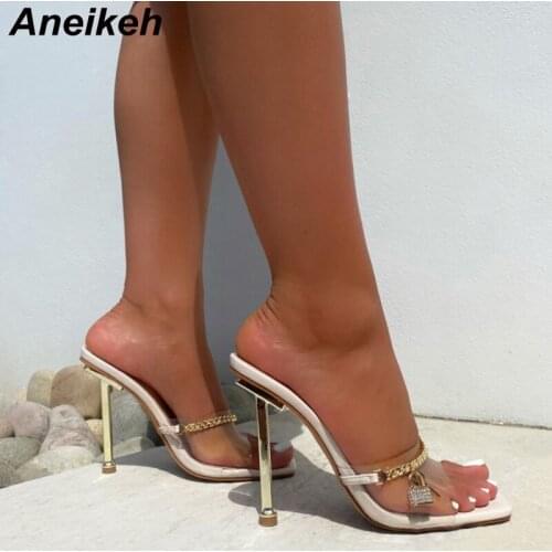 Aneikeh 2021 NEW Summer Fashion PVC Transparent Chain Thin Heels Women Slippers Sexy Square Toe Slip-On Party Sweet Solid Pumps