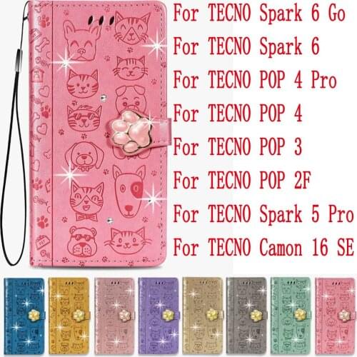 Sunjolly Leather Case Flip Card Wallet Stand Cover coque For TECNO Spark 6 6 Go POP 4 4 Pro 3 2F Spark 5 Pro Camon 16 SE