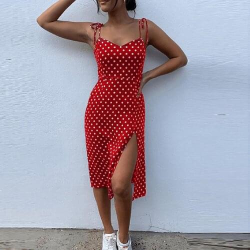 Women Sexy Spaghetti Strap Lace Up Polka Dot Split Hem Backless Summer Dress party night lace up stretch Slim Soft dress mujer