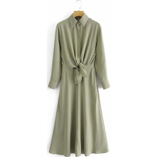 Elegant Women Green Bow LongDress 2021 Fashion Ladies Solid Elastic High Waist Dress Sweet Female Chic Button Shirt-Dresses