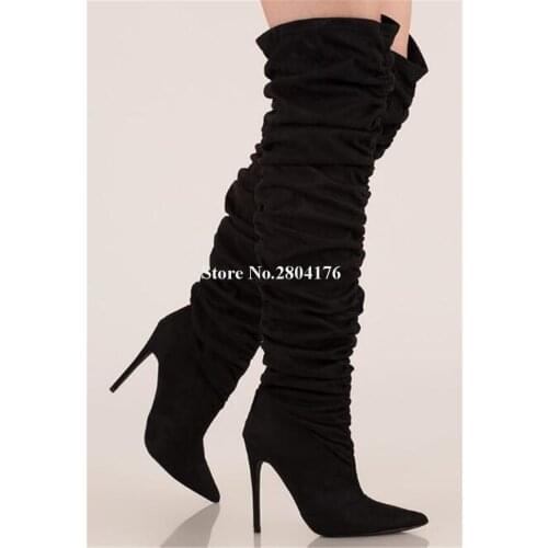 Brand Design Women Fashion Pointed Toe Suede Leather Pleated Over Knee Boots Red Black Green Long High Heel Boots