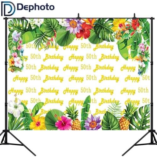 DePhoto Happy 50th Birthday Party Photography Backdrops Printed Tropical Style Flowers Fruits Custom Photo Booth Background