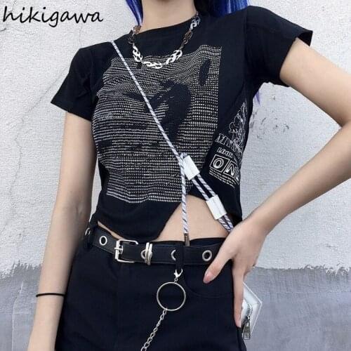 Hikigawa Irregular Korean Fashion Short T Shirt 2021 Summer Womens Clothes Y2k Tops Graphic Tee for Female Japan Gothic T-shirt