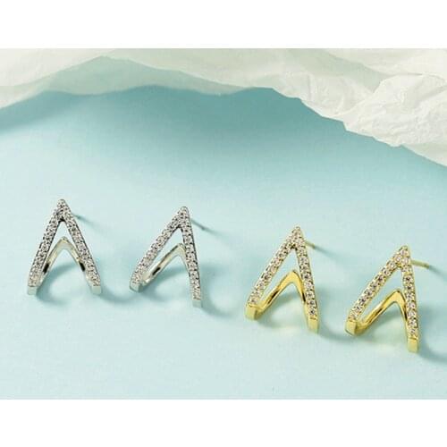 KOFSAC Women 925 Sterling Silver Earrings Fashion Double V Zircon Stud Earring Glamorous Jewelry New Gifts Lady Ear Accessories