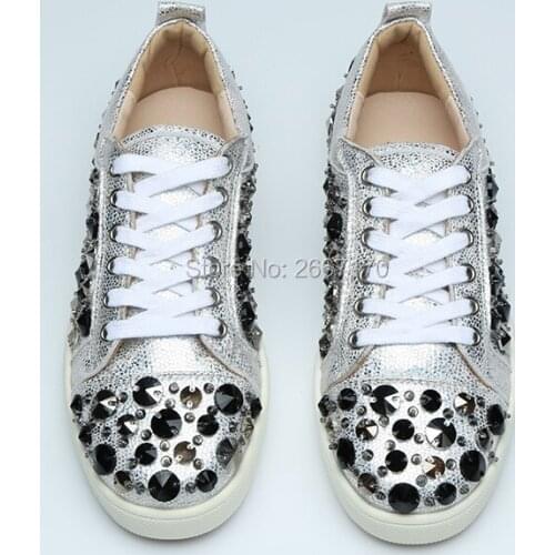 Trendy Luxury Platform Rubber Shoes Man Low Top Thick Flats Studded Shoes Casual Shiny Silver Leather Lace Up Rivet Sneakers Men