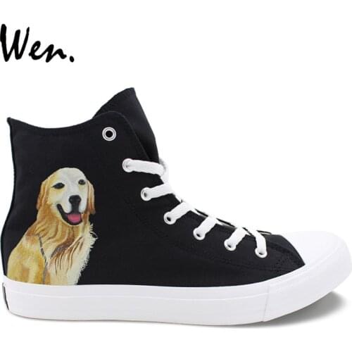 Wen Design Small Golden Retriever Pet Dog Hand Painted Original Black Shoes Adult High Top Woman Mans Canvas Sneakers