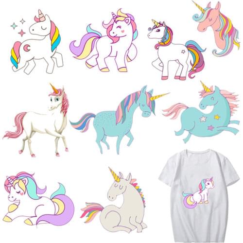 Fashion Girl Unicorn Iron-On Transfers Kids T-shirt Heat Ironing Stickers Thermal Patches for Clothing Iron Accessory Appliques