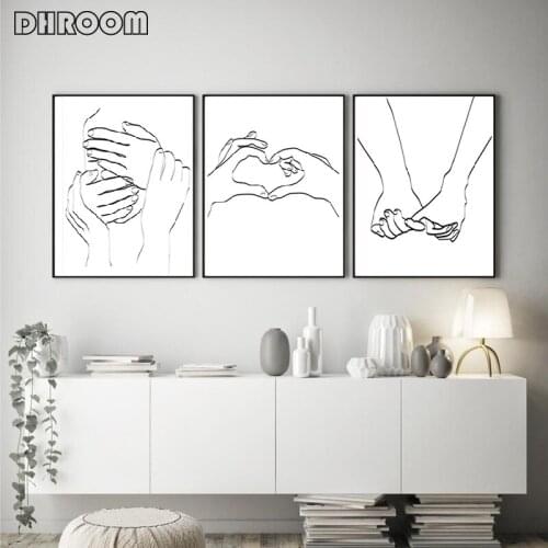 Holding Hands Wall Art Posters and Prints Hand Line Drawing Love Canvas Painting Wall Picture Woman Room Decor Couple Poster
