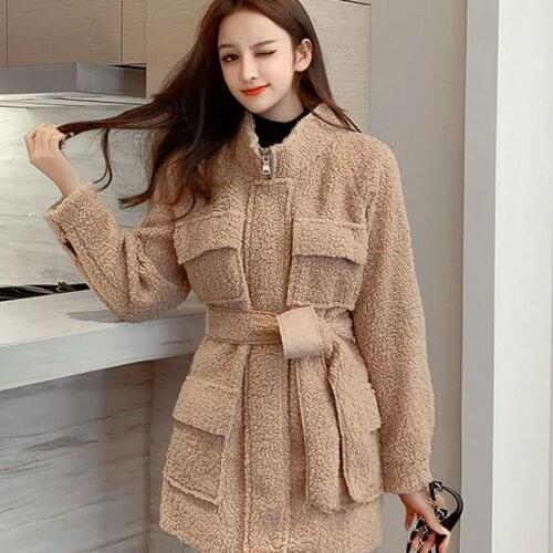 Autumn Winter Sashes Pocket Faux Lamb Leather Women Thick Wool Cotton Overcoat Outerwear