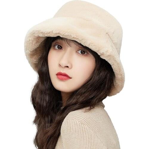 Faux Fur Rabbit Bucket Hat Winter Warm Teddy Velvet Hats for Women Lady Thicken Bob Panama Outdoor Fisherman Hat Caps