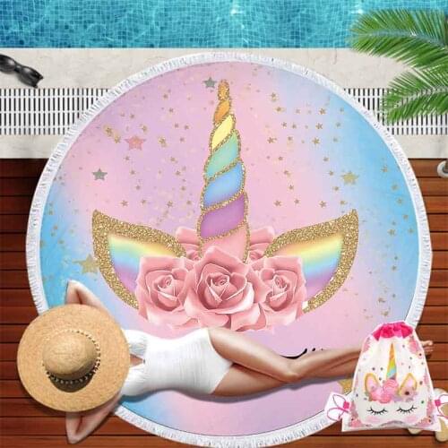 Lannidaa Cartoon Unicorn Series Microfiber Round Beach Towel with Drawstring Backpack Bag Sport Yoga Blanket Swimming Bath Towel
