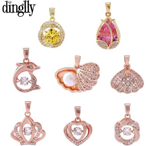 Dropshipping Fine Gold Tulip Crystal Dangle Dolphin Pearl Shell Charm Rose Necklace Pendant Original Necklace Collar Accessories