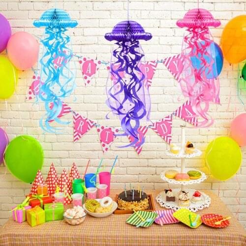 Mermaid Party Decorations Hanging Honeycomb Jellyfish Pastel Mermaid Event Birthday Supplies Paper Ornament Happy Birthday Favor