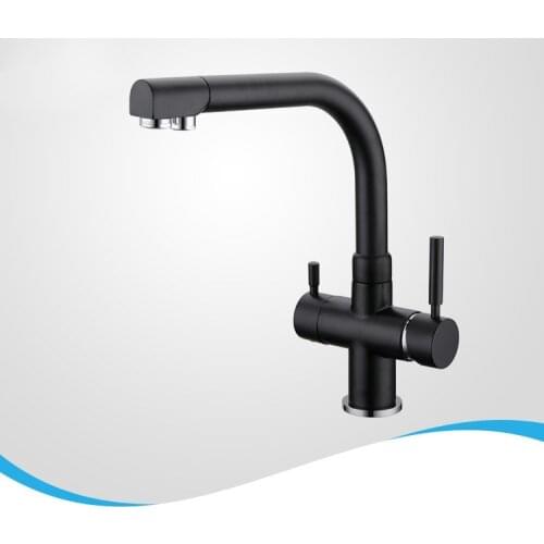 High quality All brass Black chrome polished Rotatable 3 Way hot & cold kitchen sink mixer faucet 2 holes drinking water tap