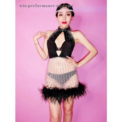 Modern jazz chacha latin dance show party bar dj gogo perspective skin color dress hang collar v -neck bare breast