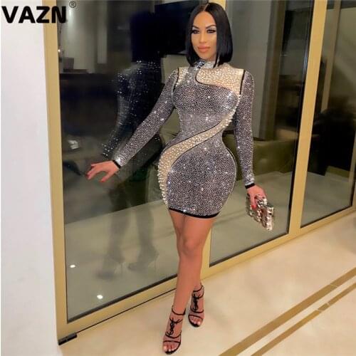 VAZN Bling Bling Sequins Glitter Chic Ladies Slim Elegant Night Club Sexy Slim Young Dress New 2020 O-neck Lady Dress