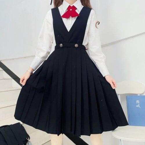 Japanese Girls Long Pleated Dress Summer Womens Sleeveless Pinafore Dress JK High School Uniform Class Uniform Students Japan