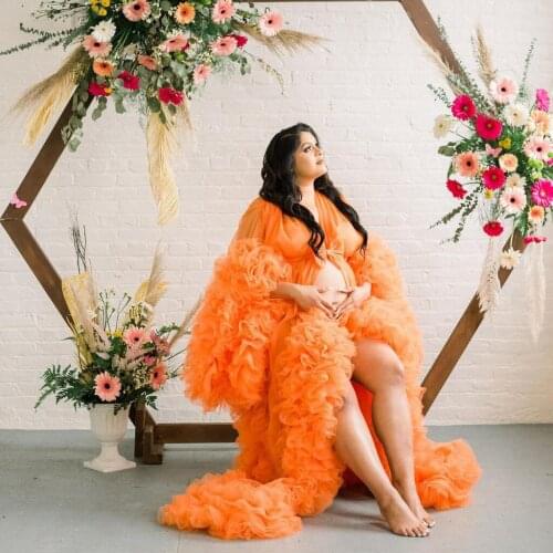 Bright Orange Tulle Maternity Dresses Long Sleeves With Train Plus Size Custom Made Bridal Pregnancy Robes