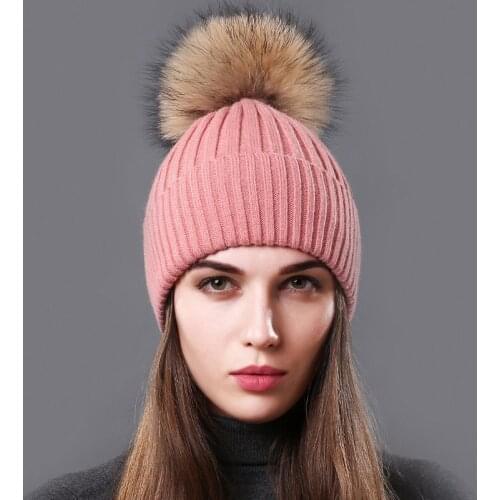 Women Hat Winter Raccoon Pompom Beanie Warm Wool Knit Skiing Outdoor Accessory For Young Lady