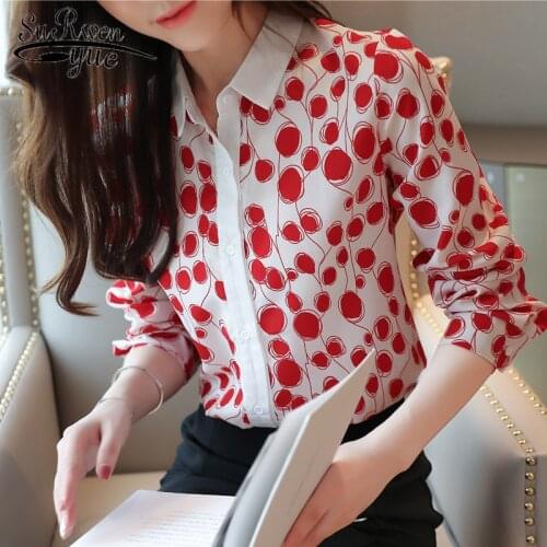Autumn 2021 New Print Turn-down Collar Office Shirts Women Tops Women Chiffon Blouses Slim Cardigan Shirt Bottom Shirts 5975 50