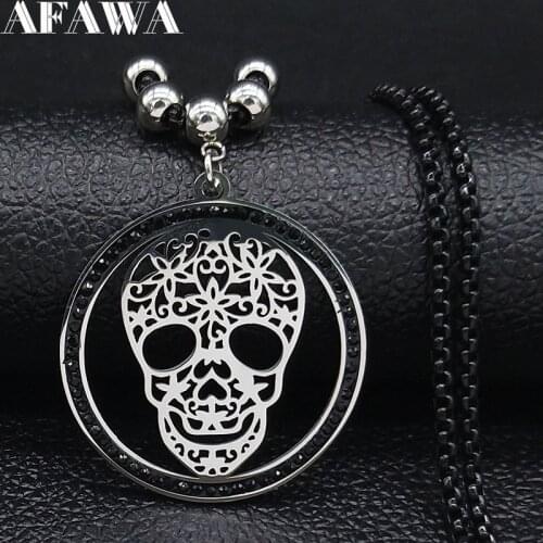 2021 Gothic Skull Stainless Steel Crystal Chain Necklace Women Silver Color Black Necklaces & Pendants Jewelry colgante N19468
