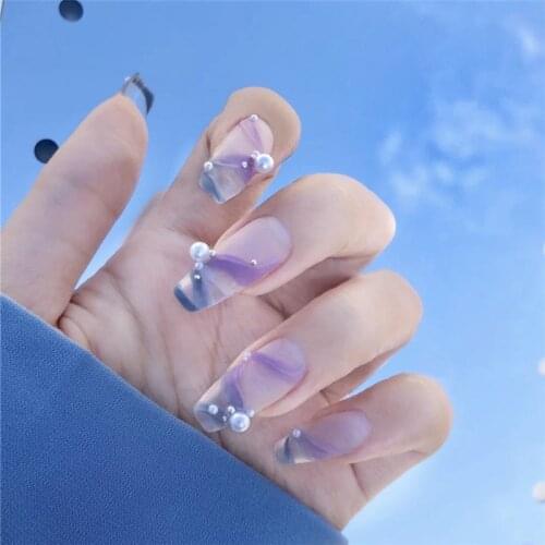 24pcs Ballet Blue and Purple Pearls Press On Nail Glitter Crystal Decor Nail Art Tool Women Full Cover MId-length False Nails