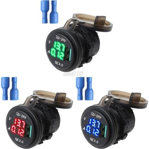 Quick Charge 3.0Amp with Blue LED Voltmeter & AMP Indictator Digital Display QC 3.0 USB Charger Socket for Car Boat Motorcycle J
