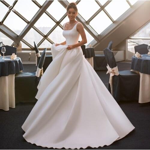 Lhuilier Elegant A-line Square Neck Satin Wedding Dresses 2021 Sleeveless Simple Bridal Dress Court Train Backless Bridal Dress