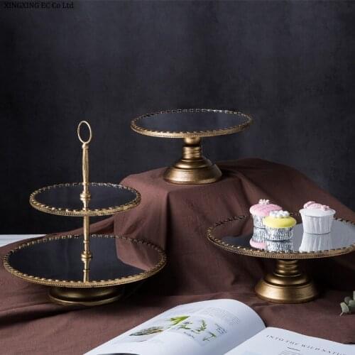 Nordic Metal Glass Mirror Tray Home Decoration Storage Ornaments Retro Double Layer Fruit Dessert Cake Dish Kitchen Tableware