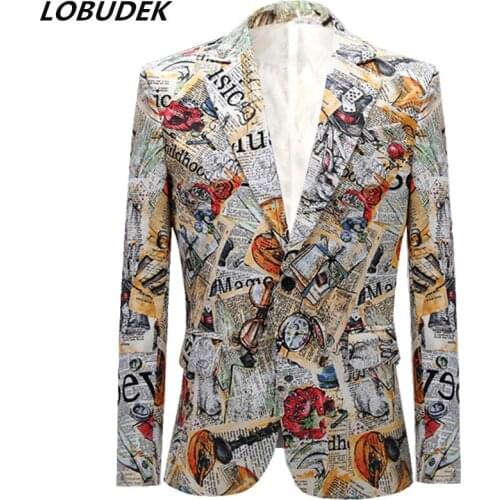 Male Singer Bar Stage Performance Printing Blazer Fashion Slim Suit Jacket Prom Evening Host Tuxedo Coat Costume Plus Size S-3XL