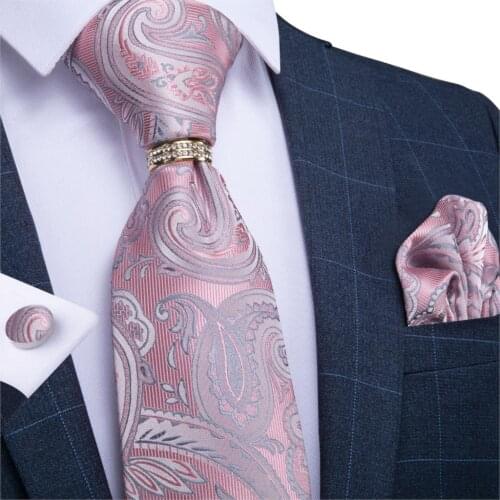 Mens Necktie Pink Silver Paisley Design Wedding Tie For Men Necktie Ring Silk Tie Set Hanky Cufflinks DiBanGu Business JZ03-7187