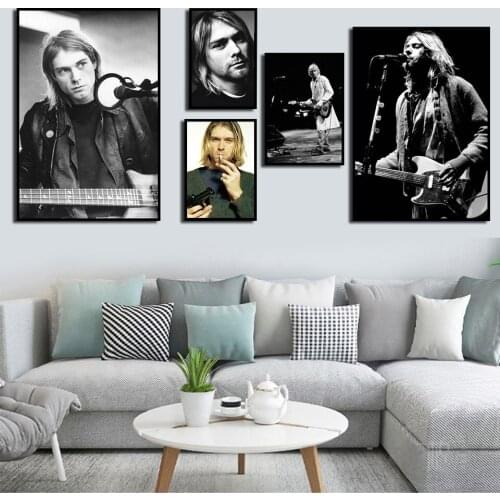 Wall Art Canvas Painting HD Print Kurt Cobain Rock Music Singer Star Black and White Poster Modern Living Room Home Decoration