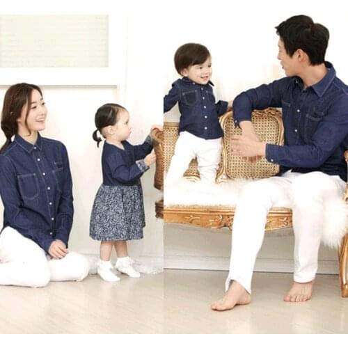 New parent-child jeans shirt in spring and summer of 2021: a family of three Korean Long Sleeve Shirt