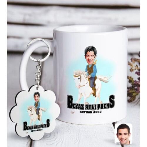 Personalized White Mounted Prince Caricature Of White mug And Keychain Gift Seti-3