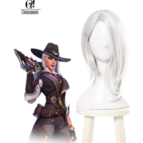 ROLECOS Over Game Watch Ashe Cosplay Hair OW Synthetic Hair Ashe Cosplay Headwear 35cm Silvery Short Hair for Women