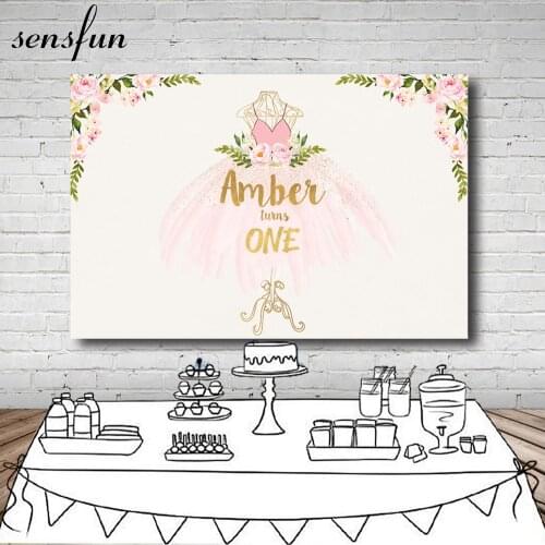 Sensfun Pink Dress Flowers Girls Photography Backdrop Custom 1st Birthday Party Backgrounds For Photo Studio 7x5FT Vinyl