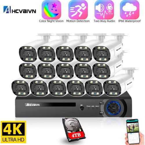 H.265 CCTV Camera Security System Kit 16ch POE 8MP NVR 4K Outdoor Two-way Audio Video Surveillance System Set IP Bullet Camera
