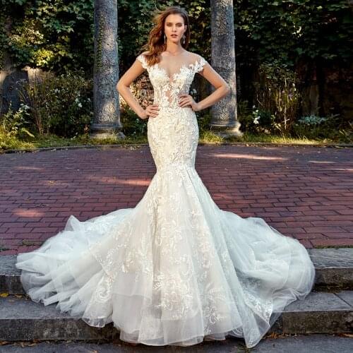 Beading Crystal Appliques Lace Mermaid Wedding Dress Vestido De Noiva Sereia Pearls Up See Through Illusion Trumpet Bridal Gowns