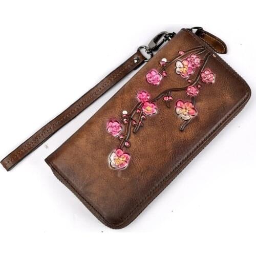 Embossed Female Zipper Purse Clutch Wrist Bags Cards Clip Plum Flower Retro Money Handy Bag Genuine Leather Women Long Wallet