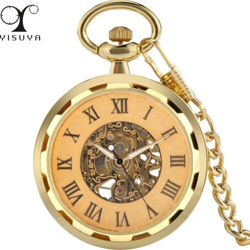 Vintage Gold Skeleton Mechanical Hand Winding Pocket Watch Roman Numeral Display Manual Mechanism Antique Accessory Pocket Clock