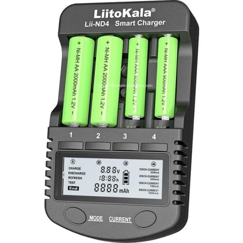 LiitoKala Lii-ND4 NiMH/Cd Charger AA AAA charger LCD Display and Test battery capacity For 1.2V aa aaa and 9V batteries
