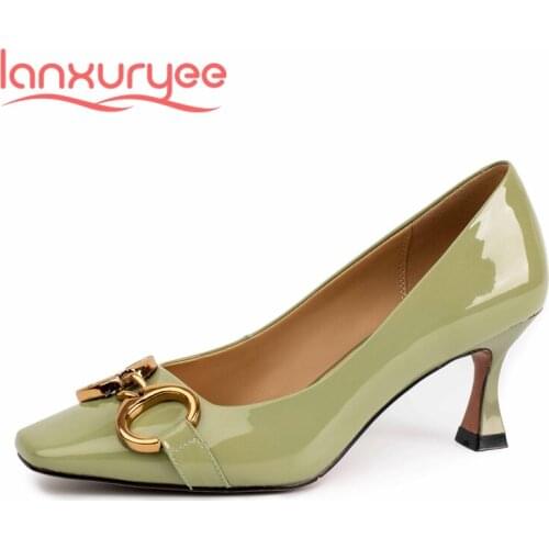 Lanxuryee high street fashion cow patent leather metal decoration square toe thin high heel slip on office lady women pumps L1f4