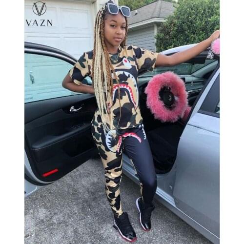 VAZN 2021 INS Casual Style High Quality Patchwork High Street Young Tracksuits Short Sleeve Long Pants Women 2 Piece Set