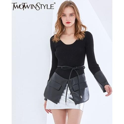 TWOTWINSTYLE Elegant Patchwork Pocket PU Leather Sweater For Women O Neck Long Sleeve Lace Up Bowknot Slim Sweaters Female 2021